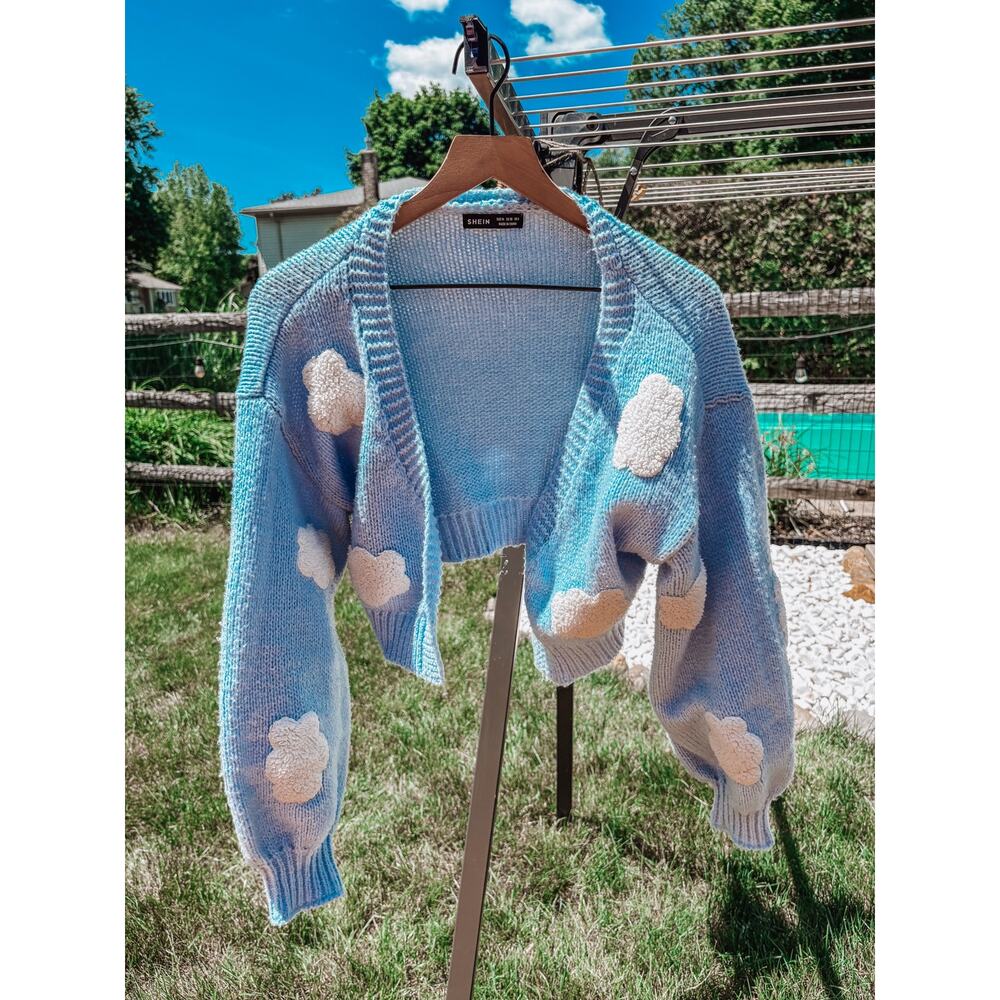 Baby Blue Cropped Cloud Cardigan Sweater Medium Open Front Kawaii Cottagecore